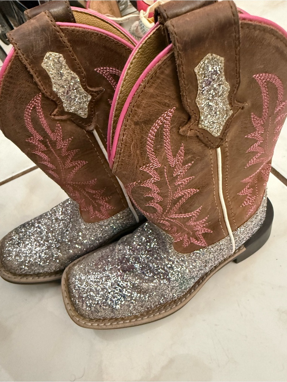 Girls Brown & Silver Glitter Western Boots with Pink Stitching